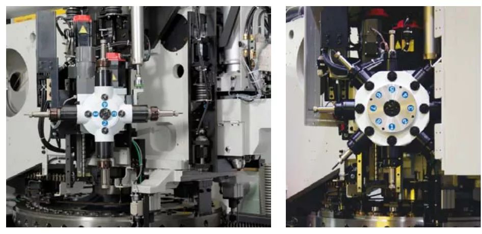 圖2?純伺服同步進給式4軸（左）和8軸（右）攻絲裝置